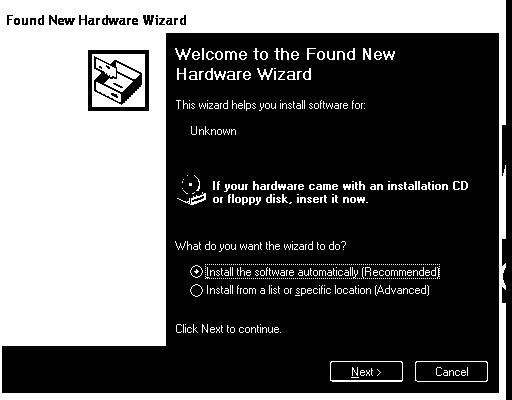 6. The Found New Hardware Wizard window will appear (see Figure 21). Click the NO, not this time button to allow the driver installation. Figure 21. Found New Hardware Wizard window 7.
