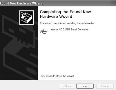 11.The USB Serial Converter driver is being installed (see Figure 23). Click Finish and wait for the Found New Hardware Wizard window to appear again. Figure 23. Completing the Found New Hardware Wizard window IMPORTANT: THE NEW HARDWARE WIZARD MUST RUN TWICE FOR A COMPLETE INSTALLATION.