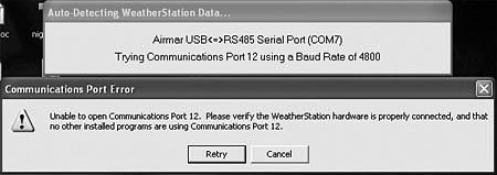 1. Launch WeatherCaster again. You will see the screen below. Click Cancel. 2. You will then see the screen below. Click Yes to manually set the COM port and baud rate. 3.