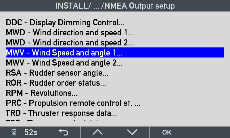 NMEA to be sent to output port In the example, the data sentence MWV Wind Speed and angle 1 (= instance 1) will be selected and turned ON.