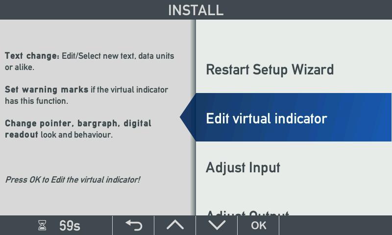 Select the menu Edit virtual indicator and then select menu points: - Text and units -