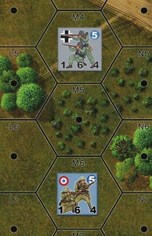 of degrading terrain. If the LOS passes through more than two such hexes it is blocked and no attack or spotting attempt can be made. LOS can be degraded (modified) by only one factor/ hex.