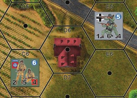Example: In the image above, the US Airborne Squad in hex C6, at Level-0, does not have LOS to the German Squad in hex E5, also at Level-0, because it is blocked by the LC Building in hex D6, which
