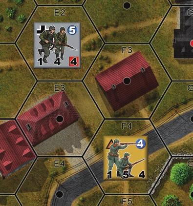 But it does not have LOS to the first three hexes after the level drops to Level-0: hexes U6 - U8. Its LOS resumes in hex U9, which contains a German Panther tank. 10.3.