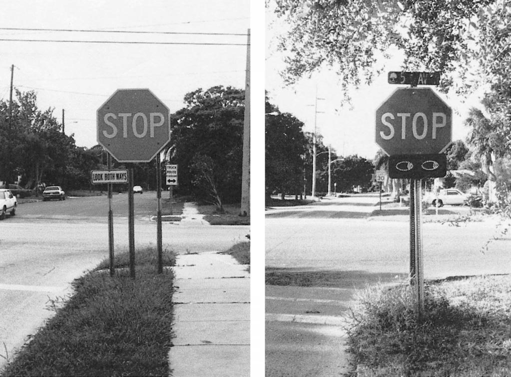 INCREASING COMPLIANCE AT STOP SIGNS 187 Figure 1. Photographs of the LOOK BOTH WAYS prompt and the animated eyes prompt. cm high black letters on a white background.
