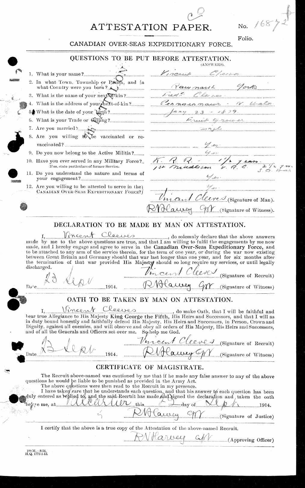 13 On previous page, Vincent Cleeves Attestation Form for South African Service, and following it, his Form