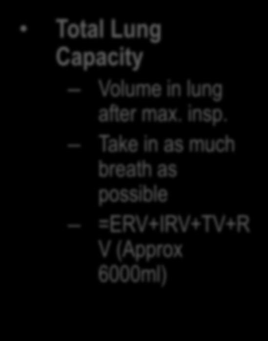 Total Lung Capacity Volume in lung after max. insp.