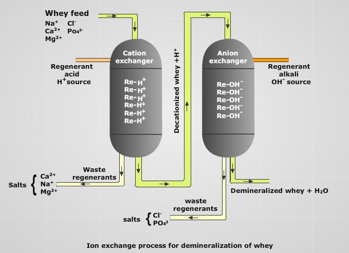 resins will shift the ph and may cause protein destabilization. Whey is first introduced into a cation exchanger, where all the positively charged ions (Na +, Ca2 + etc.) are replaced with H +.