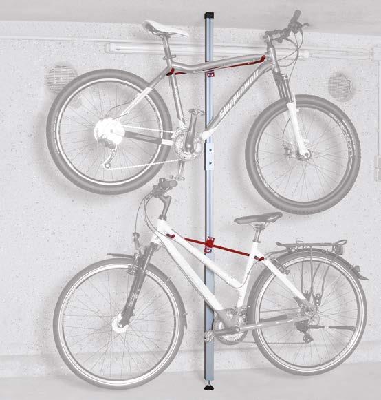 Continuously variable brackets with frame-friendly plastic sheathed hooks in RAL 3000 flame red L Maximum load 25 kg per bicycle L Delivery in recyclable packaging Model SPACER Parking spaces 2
