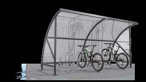 UND UP BAMBERG SHELTER The Bamberg brings momentum into the world of bicycle parking facilities. The canopy with its curved polycarbonate roofing makes for outstanding weather protection.