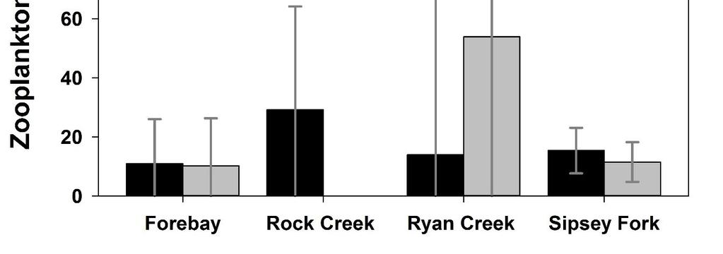 Figure 6. Mean historic and current zooplankton densities for each major creek between March and June.