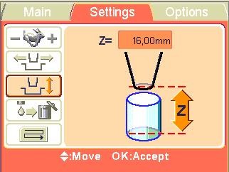 The track mechanism and pump body move to the setting position. Use the Up and Down arrow keys to set the dispensing height. While you change the height, the pump body moves accordingly.