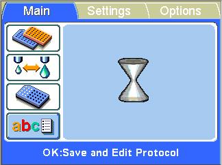 Routine Operation Running a protocol The sandglass window will appear while the Save action is in progress. The protocol name is now shown on the Save and Edit Protocol row.