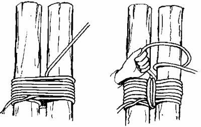 the timber. Frapping turns are used to draw the lashing tight.