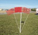 white PVC with red flag Spring-loaded for player safety Push in ground anchor Set of 4 App. shipping weight 20 lbs.