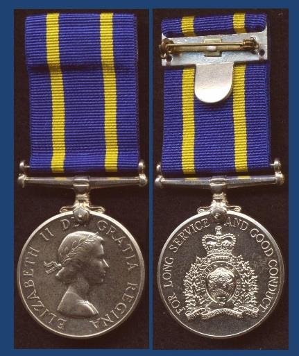 ROYAL CANADIAN MOUNTED POLICE LONG SERVICE MEDAL AND GOOD CONDUCT MEDAL TERMS The medal is awarded to RCMP members for 20 years service, who are of irreproachable character and whose conduct has been
