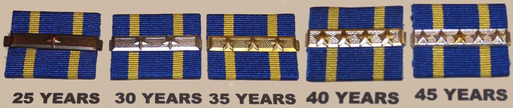BARS Approved on 18 February 1954 but only for members on strength as of that date: 25 Years - bronze bar with one star 30 Years - silver bar with two stars 35 Years - gold bar (18k gold) with three