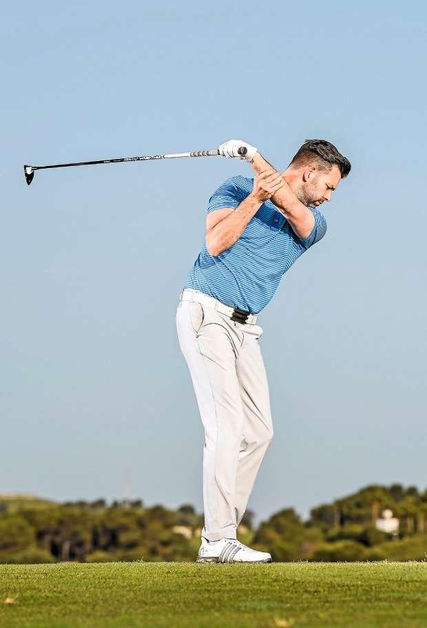 PRACTISE FIRST Work through this drop-and-rotate drill several times before trying to build the feel into your regular swing.