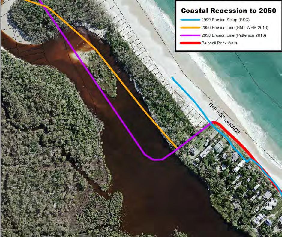 Extracts from Council's map of erosion at the end of the Belongil seawalls (Figure 15 Coastal erosion hazard both scenarios North Beach (adapted from BMT WBM, 2013)).