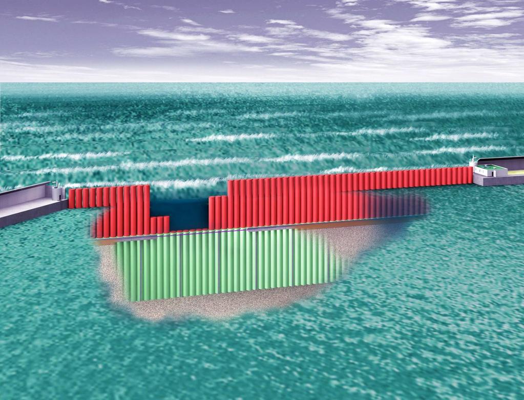 Buoyancy-Driven Vertical Piling System New type breakwater against tsunami and storm Double piles set below seabed Raising upper pile by air in case of tsunami