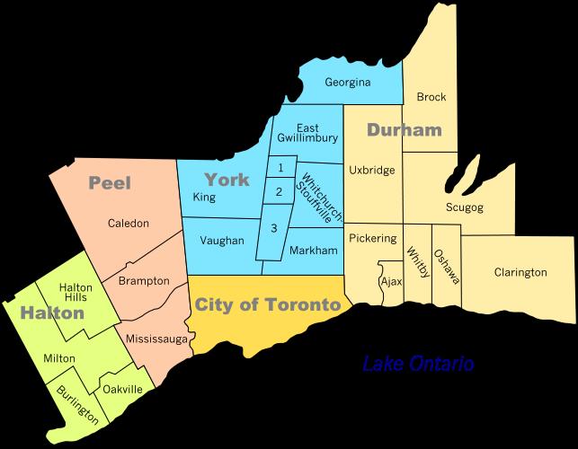 GTA with four regional municipalities built around it: Halton Region with a population of 0.5 million is on the western border of the GTA; Peel Region with a population of 1.
