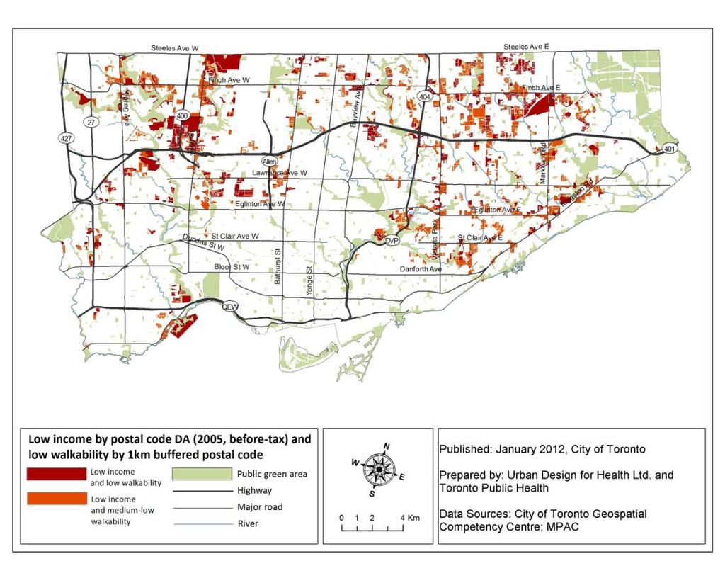 Figure 4: Areas of Low Walkability and Low Income Neighbourhood Features & Complete Communities Within the land use planning field, the term complete communities is used to refer to communities that
