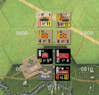 14 Operation Dauntless Play Book 20.14 Assaults 20.14.1 Tactical Advantage Procedure It is the British Action Phase and a British stack in a field hex is assaulting a German stack in a Dug-In village hex, as shown in the illustration below.