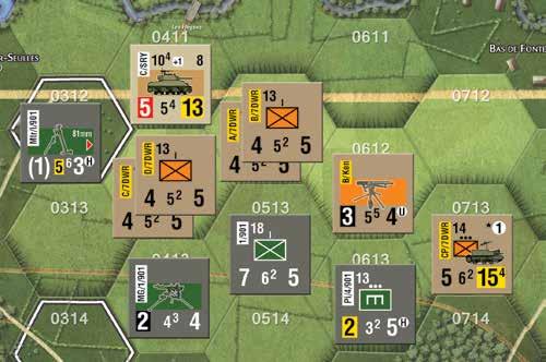 4 Operation Dauntless Play Book 20.4.2 Example #2 In the illustration below, the British units are performing a Combat against the German infantry company in 0513, contributing CS from all adjacent British units.