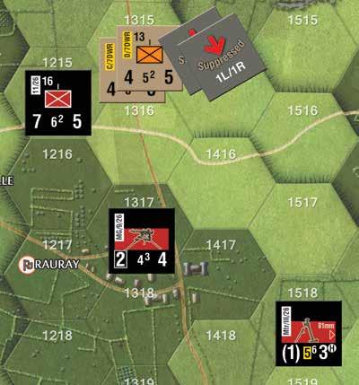 The German pioneer platoon in 0613 cannot perform Adjacent Defensive Support vs. the British MG platoon in field hex 0612 because the German unit is in an ezoc of the British Carrier Platoon in 0713.