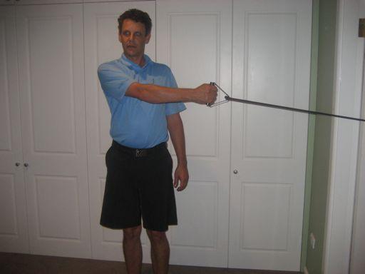 in 1 hand with their arm extended out in front Maintaining their posture, the golfer pulls the handle across their body,
