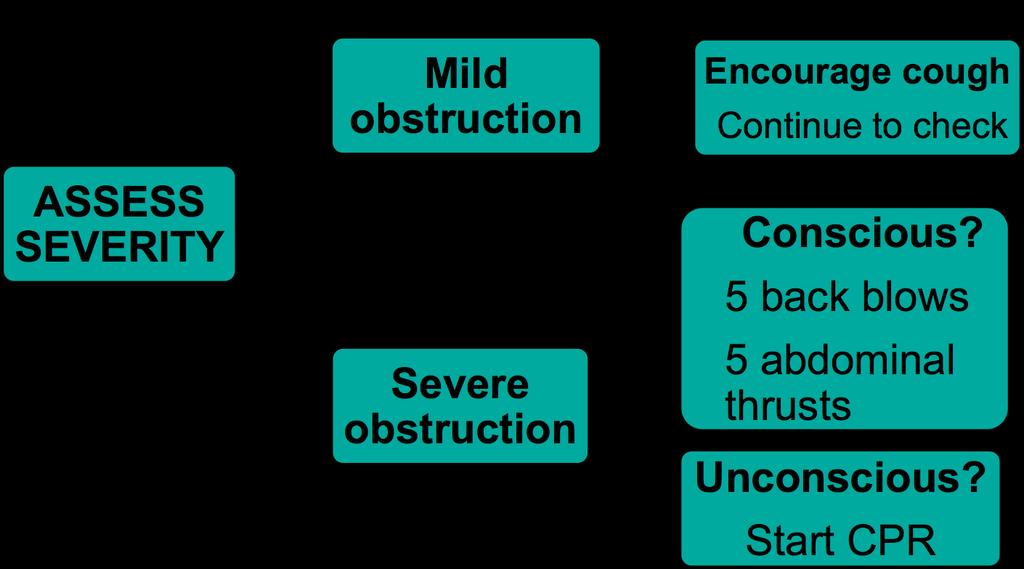 Choking Airway obstruction by a foreign body (Slide No 25 / E-learning Page 24) The algorithm shown above is for the treatment of adults who are choking.