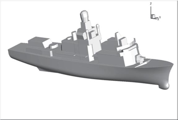 Figure 1: French frigate Jean Bart Figure 2: CAD model of Jean Bart One way to improve upon these formulae is to remove the assumption of an a priori law of decrease (cos 2 or cos 3 ) by calculating