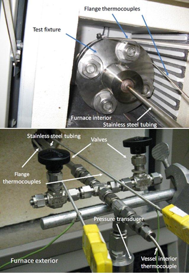 Figure 2: Test rig: test vessel inside the furnace with thermocouple (top, [Note: Furnace was insulated while test was ongoing]) and pressure transducer in place (bottom) Test Results and Discussion