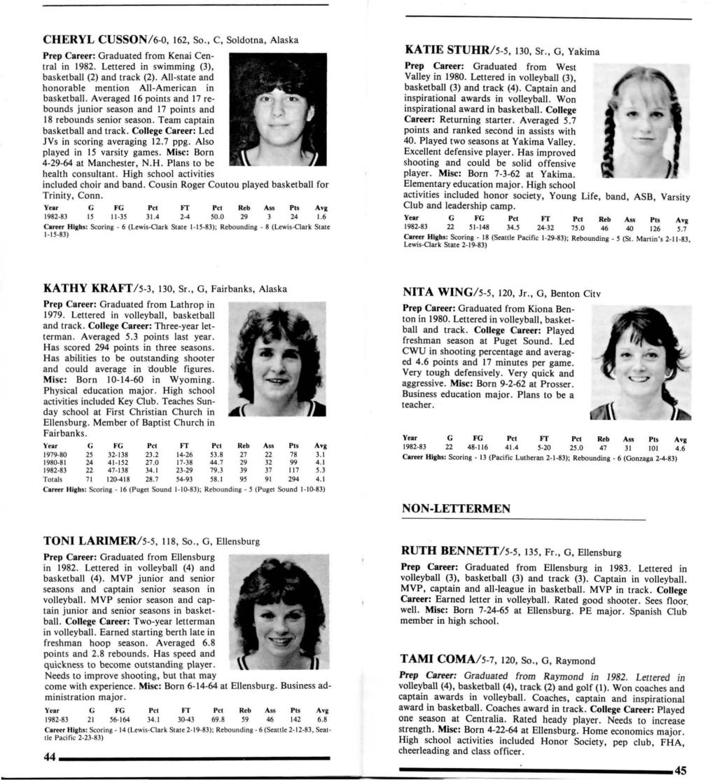 CHERYL CUSSON/6-, 162, So., c, Soldotna, Alaska Prep Career: Graduated from Kenai Central in 1982. Lettered in swimming (3), basketball (2) and track (2).