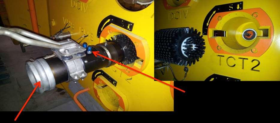 Connect inlet hose of dredge to male cam lock of tool. Operate dredge in blow function to eject water from end cap and sides of brush. Optional Hydrate removal brush.