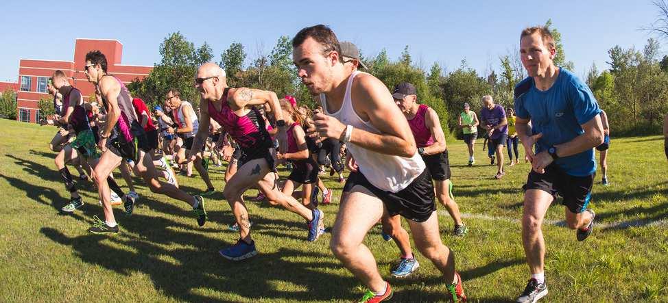 Using high school style cross country scoring, teams of 5 form to compete on a 5K course that features dirt, grass, and gravel.