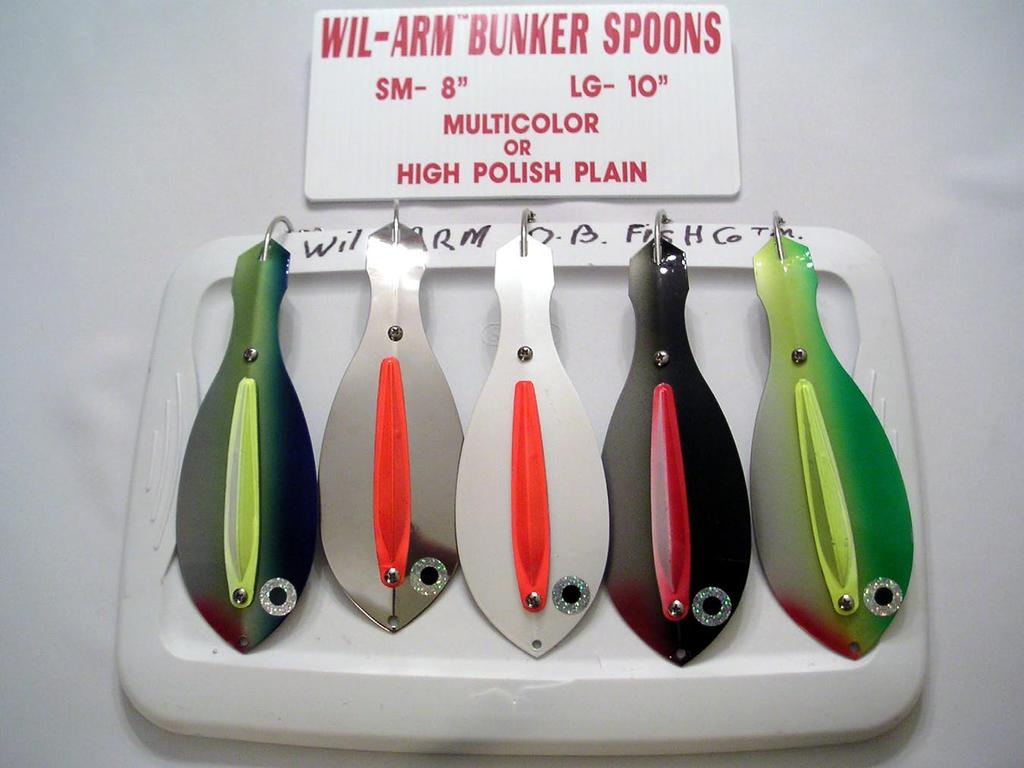 Wil-Arm Bunker Spoons Small (8") Swivel & Treble Hook Ordered in Quantities of (6) pieces (different colors) per order Large (10") Swivel & Treble Hook Ordered in Quantities of (6) pieces (different