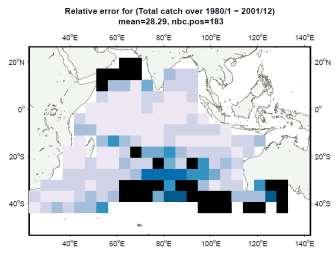 Middle: Map of Pearson r-squared metric, which quantifies the percentage of the catch variance