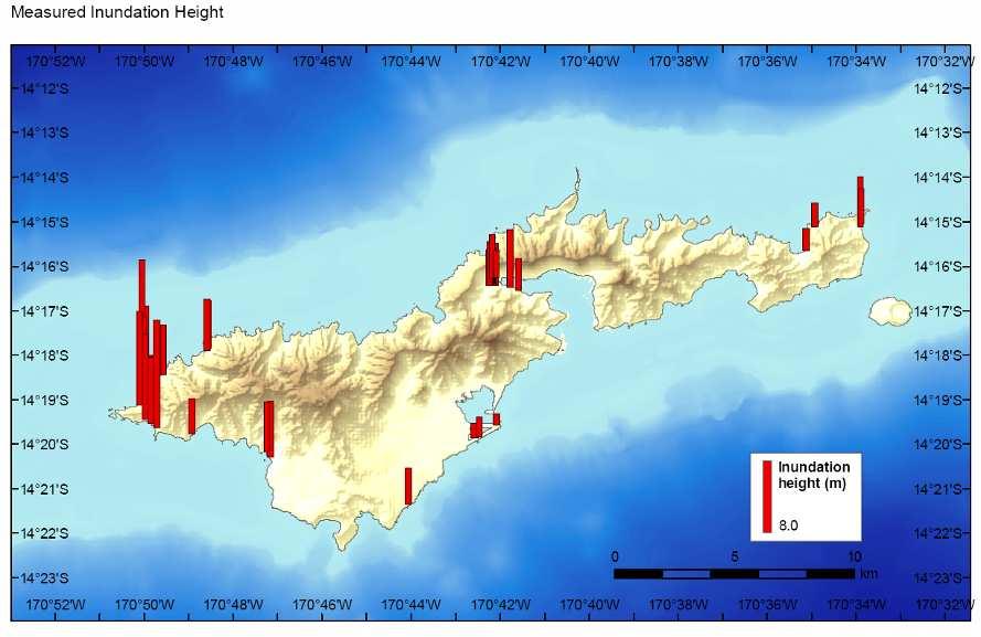 Wave run-up and inundation Maximum wave run-up (a. MSL): American Samoa: 10.5 m Samoa: 13.