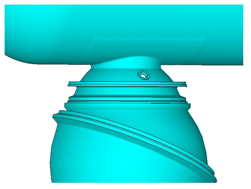 (right) Close-up of transfer skirt, adapter spool and transfer skirt reinforcement plus hull thickened shell region.