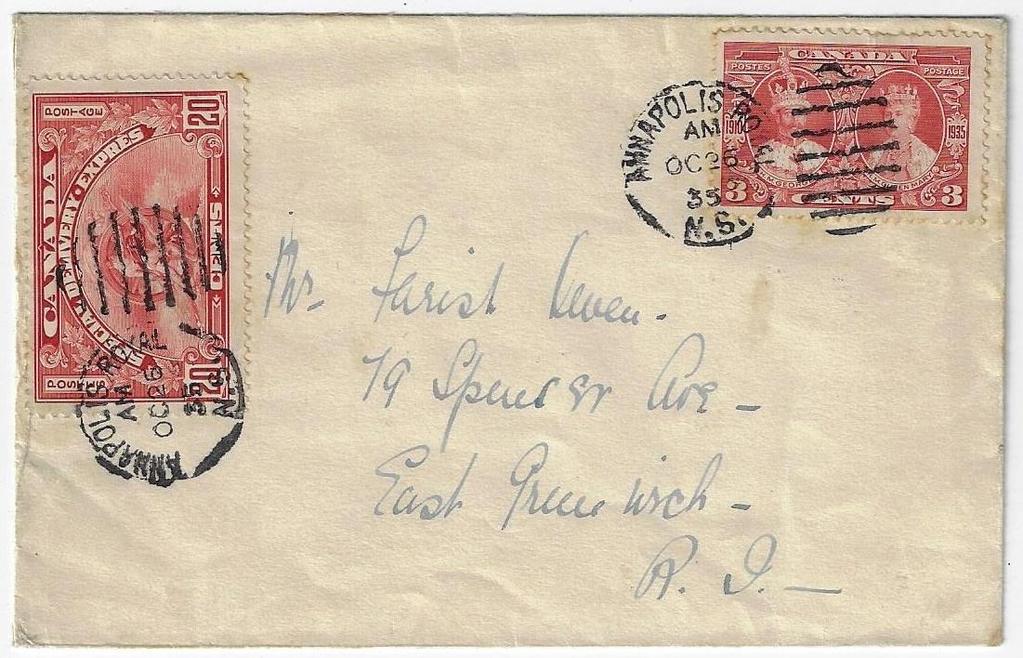 Item 296-30 E6 special delivery cover 1935, 3 Silver Jubilee, 20 E6 special delivery stamp tied by Annapolis Royal