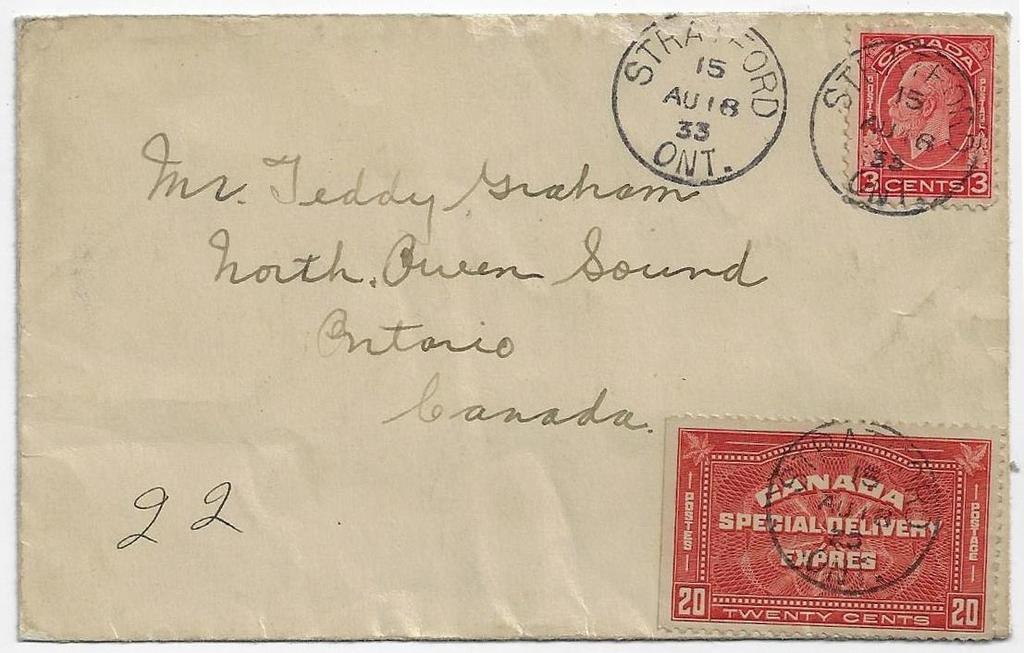 00 Item 296-31 E4 special delivery cover 1933, 3 Medallion, 20 E4 special delivery stamp (straight edge at left)