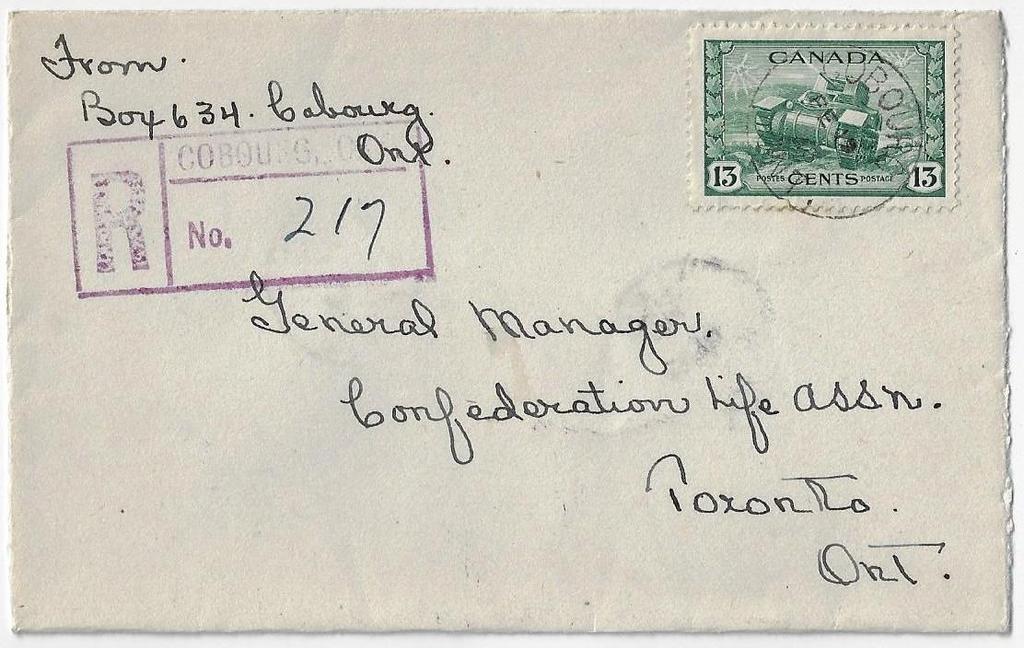 Item 296-37 Late 13 registered rate 1943 (Feb 19), 13 Tank tied by Cobourg Ont cds on cover paying 13 registered letter