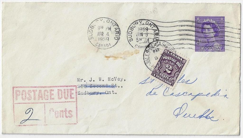 Item 296-47 Sudbury drop redirected to Gaspe 1959, 4 Karsh stationery envelope mailed shortpaid from