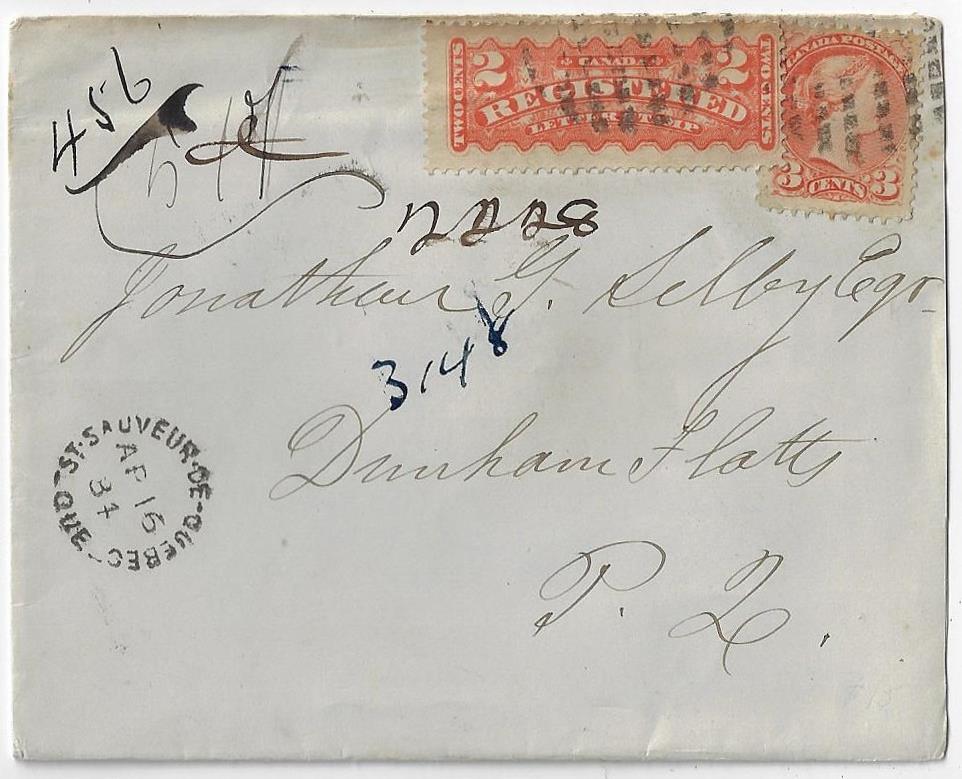 Item 296-04 Mutilated grid from Quebec 1884, 3 SQ, 2 RLS tied by fancy cancel (mutilated grid) on cover from St.