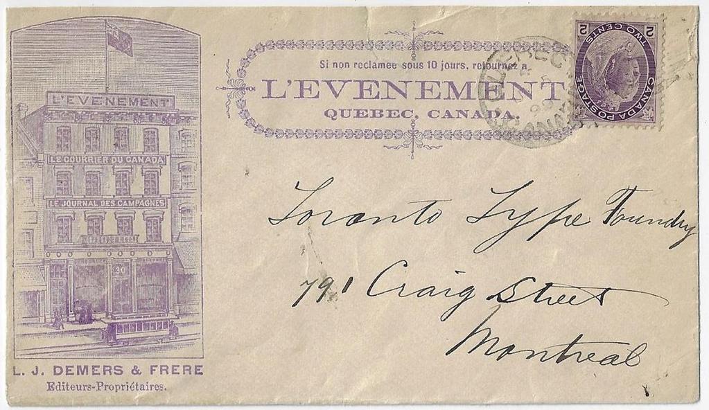 00 SOLD Item 296-07 L Evenement Courrier du Canada 1899, 2 Numeral tied by Quebec duplex cancel on l