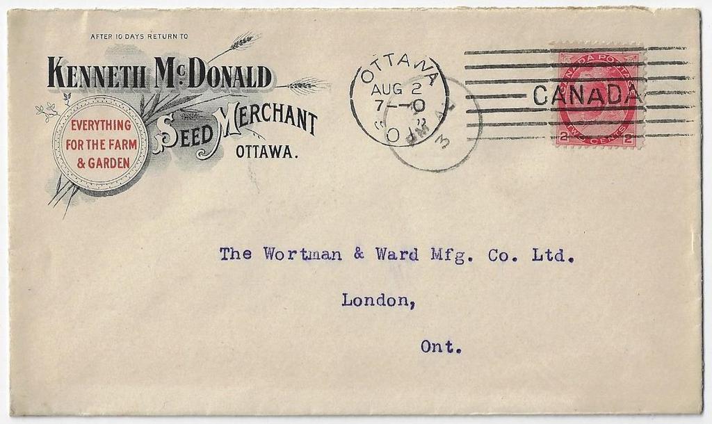 Item 296-08 Ottawa seed merchant 1901, 2 Numeral tied by Ottawa Bickerdike machine M4 on Kenneth McDonald Seed Merchant advertising cover to