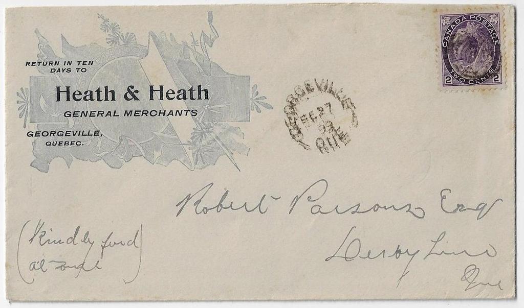 00 SOLD Item 296-09 Doctor Postmaster 1899, 2 Numeral with target cancel on Georgeville Que Heath & Heath general merchant cover to Derby