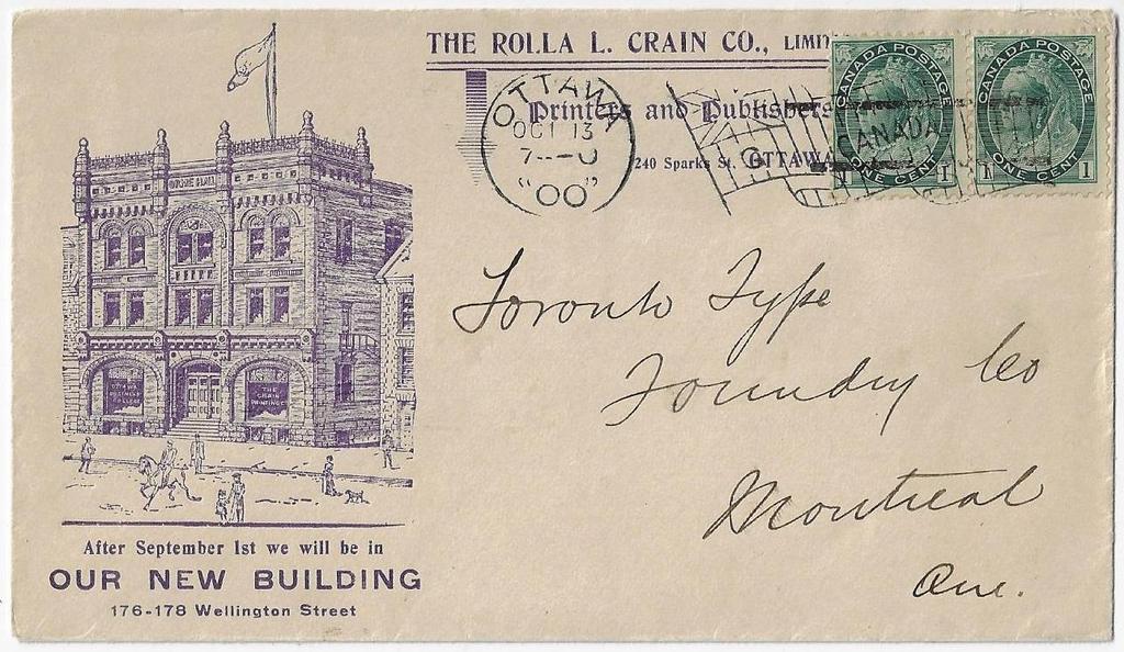 Item 296-10 Ottawa printer & publisher 1900, 1 Numeral (2) tied by Ottawa Bickerdike machine cancel on R.L. Crain Co printer and publisher advertising cover paying 2 letter rate to Montreal.