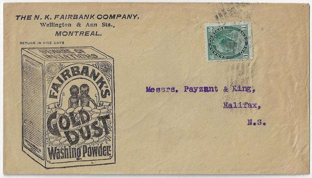 00 Item 296-11 Gold Dust Twins c1900, 1 Numeral tied by Montreal roller cancel on The Gold Dust Twins, 'Goldie' and 'Dustie' advertising cover paying 1 printed matter rate to Halifax.